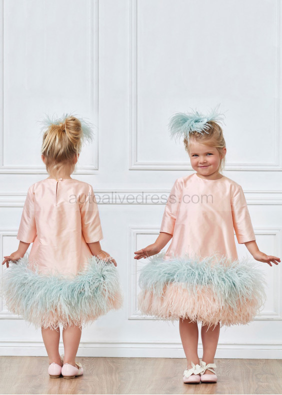 Pink Taffeta Tea Length Wedding Flower Girl Dress With Feathers